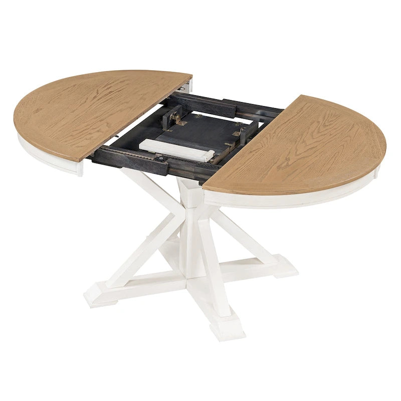 Table à manger ronde extensible en placage de chêne naturel / marron / expresso avec rallonge papillon et piètement en X, 6 places