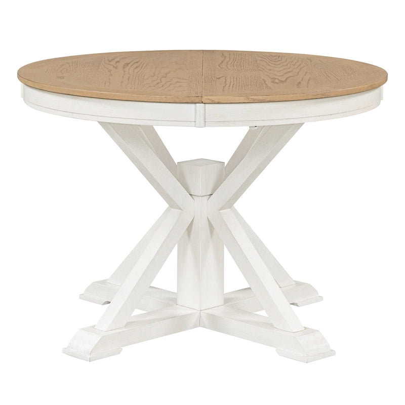 Table à manger ronde extensible en placage de chêne naturel / marron / expresso avec rallonge papillon et piètement en X, 6 places