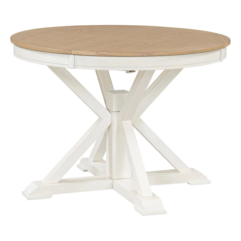 Table à manger ronde extensible en placage de chêne naturel / marron / expresso avec rallonge papillon et piètement en X, 6 places