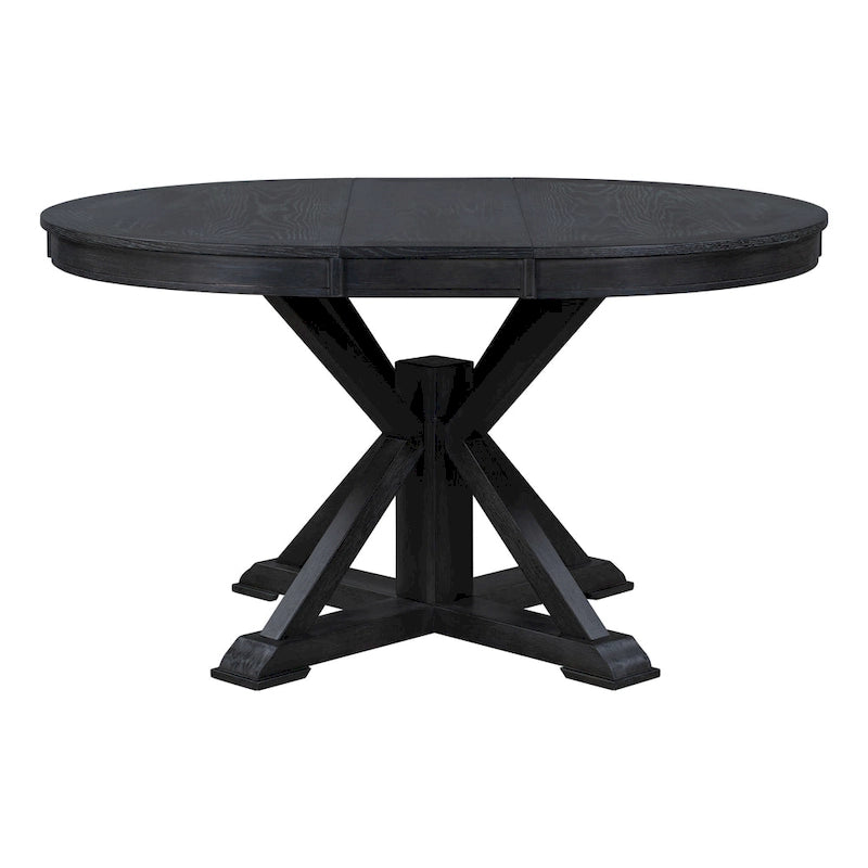 Table à manger ronde extensible en placage de chêne naturel / marron / expresso avec rallonge papillon et piètement en X, 6 places