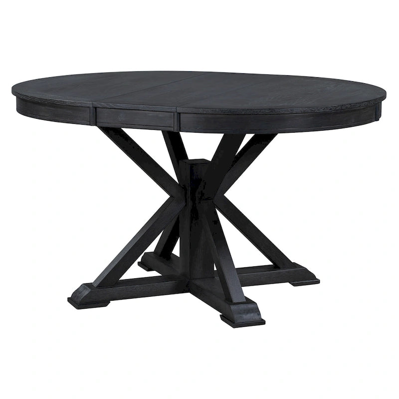 Table à manger ronde extensible en placage de chêne naturel / marron / expresso avec rallonge papillon et piètement en X, 6 places