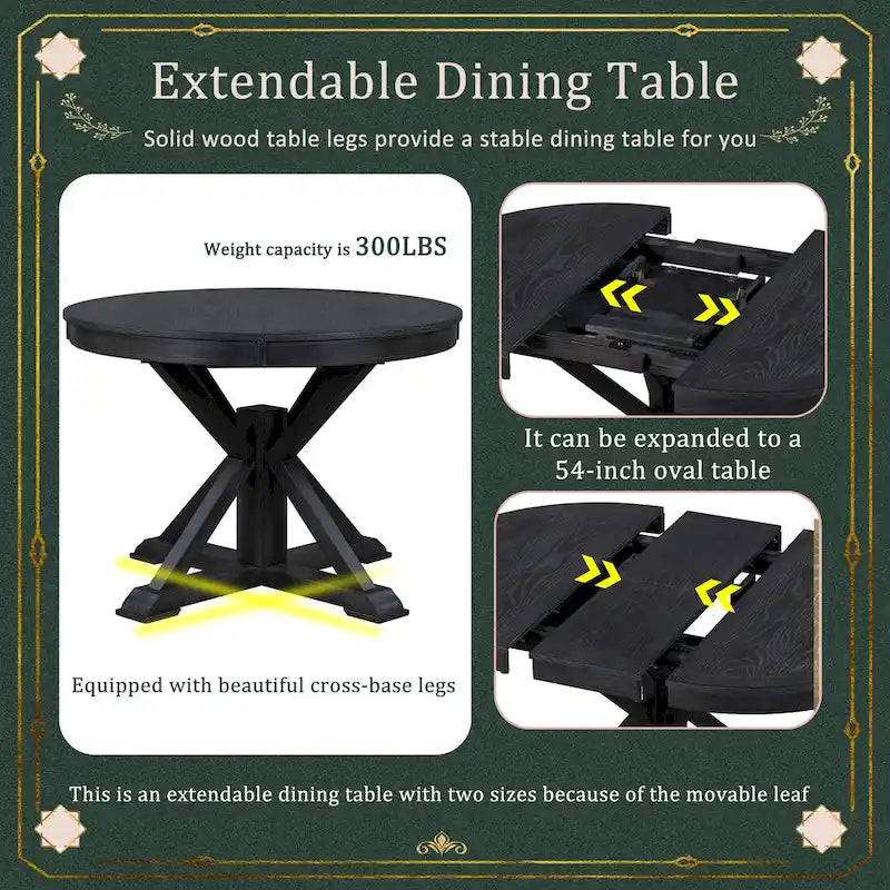 Table à manger ronde extensible en placage de chêne naturel / marron / expresso avec rallonge papillon et piètement en X, 6 places