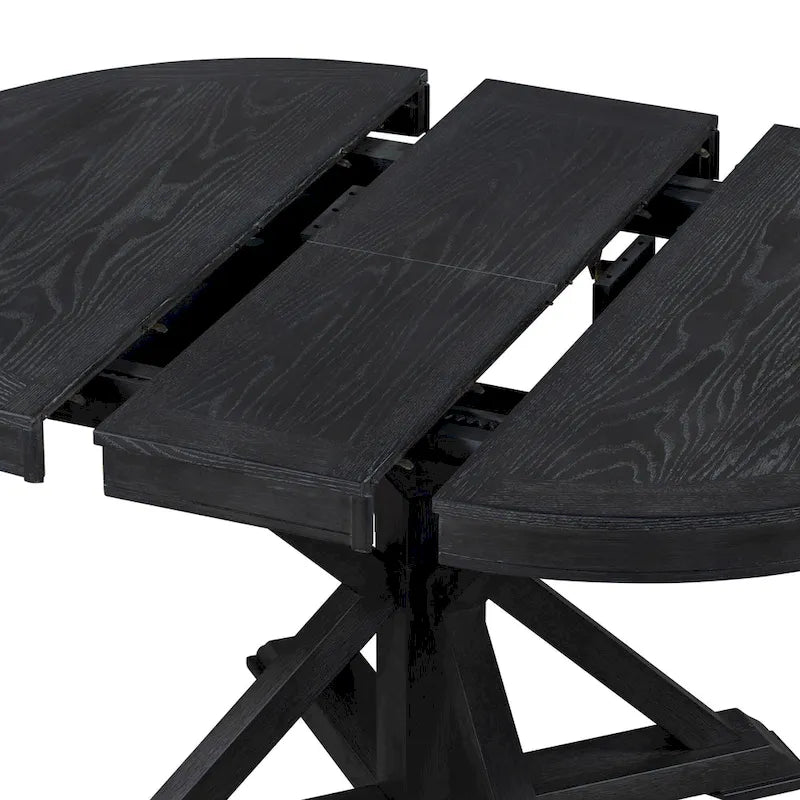 Table à manger ronde extensible en placage de chêne naturel / marron / expresso avec rallonge papillon et piètement en X, 6 places
