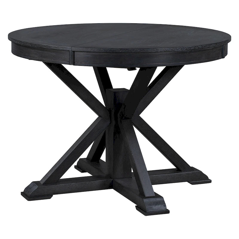 Table à manger ronde extensible en placage de chêne naturel / marron / expresso avec rallonge papillon et piètement en X, 6 places