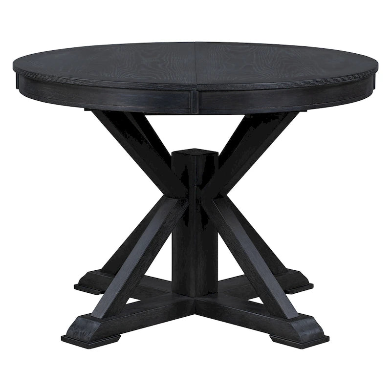 Table à manger ronde extensible en placage de chêne naturel / marron / expresso avec rallonge papillon et piètement en X, 6 places