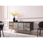 Buffet en placage de frêne fumé avec portes à décopatch, 2 tiroirs à fermeture amortie et pieds en laiton, assemblage à 2 personnes