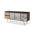 Buffet en placage de frêne fumé avec portes à décopatch, 2 tiroirs à fermeture amortie et pieds en laiton, assemblage à 2 personnes