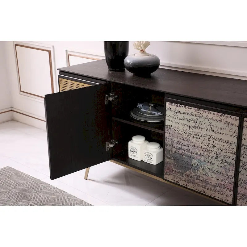 Buffet en placage de frêne fumé avec portes à décopatch, 2 tiroirs à fermeture amortie et pieds en laiton, assemblage à 2 personnes