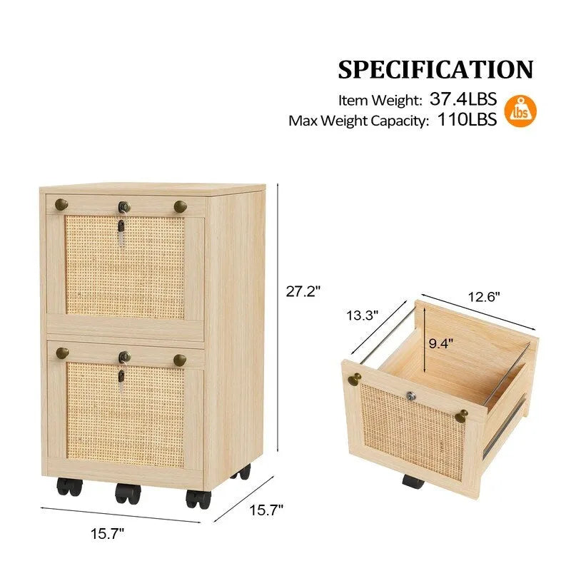 Meuble de classement mobile à façade en rotin et chêne avec 2 tiroirs verrouillables et 5 roulettes, assemblage par 1 personne