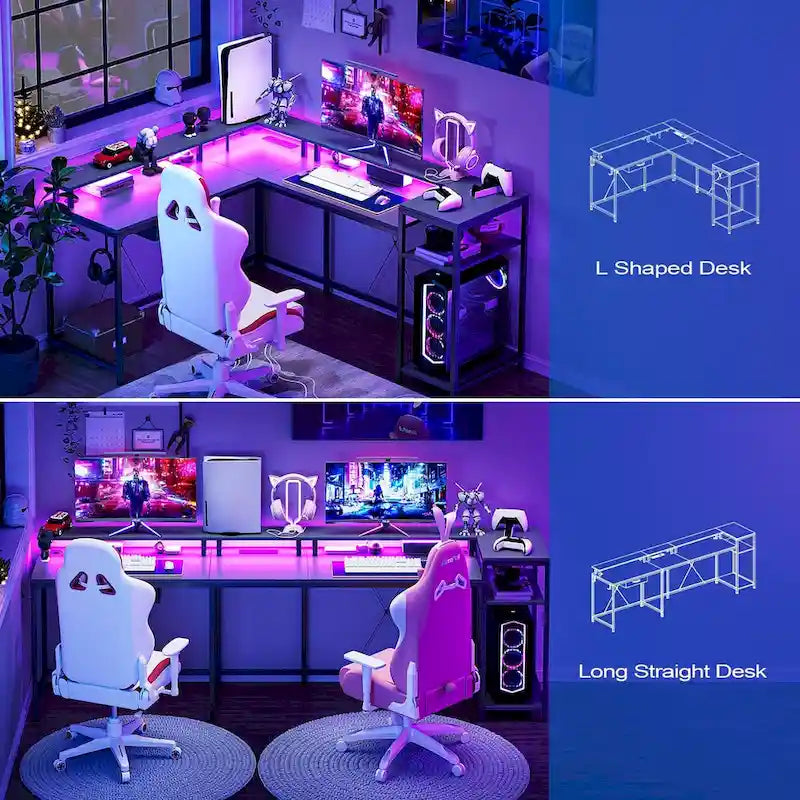 Bureau gaming d'angle avec lumières LED, prises électriques et support de moniteur, montage par 1 personne, blanc / marron / gris / noir