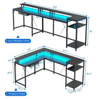 Bureau gaming d'angle avec lumières LED, prises électriques et support de moniteur, montage par 1 personne, blanc / marron / gris / noir