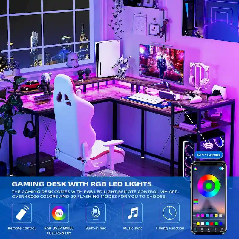Bureau gaming d'angle avec lumières LED, prises électriques et support de moniteur, montage par 1 personne, blanc / marron / gris / noir