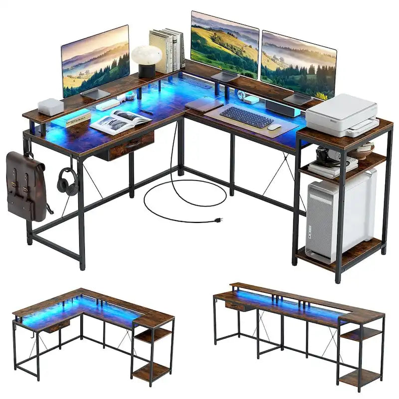 Bureau gaming d'angle avec lumières LED, prises électriques et support de moniteur, montage par 1 personne, blanc / marron / gris / noir