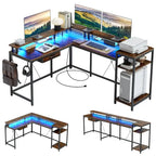 Bureau gaming d'angle avec lumières LED, prises électriques et support de moniteur, montage par 1 personne, blanc / marron / gris / noir
