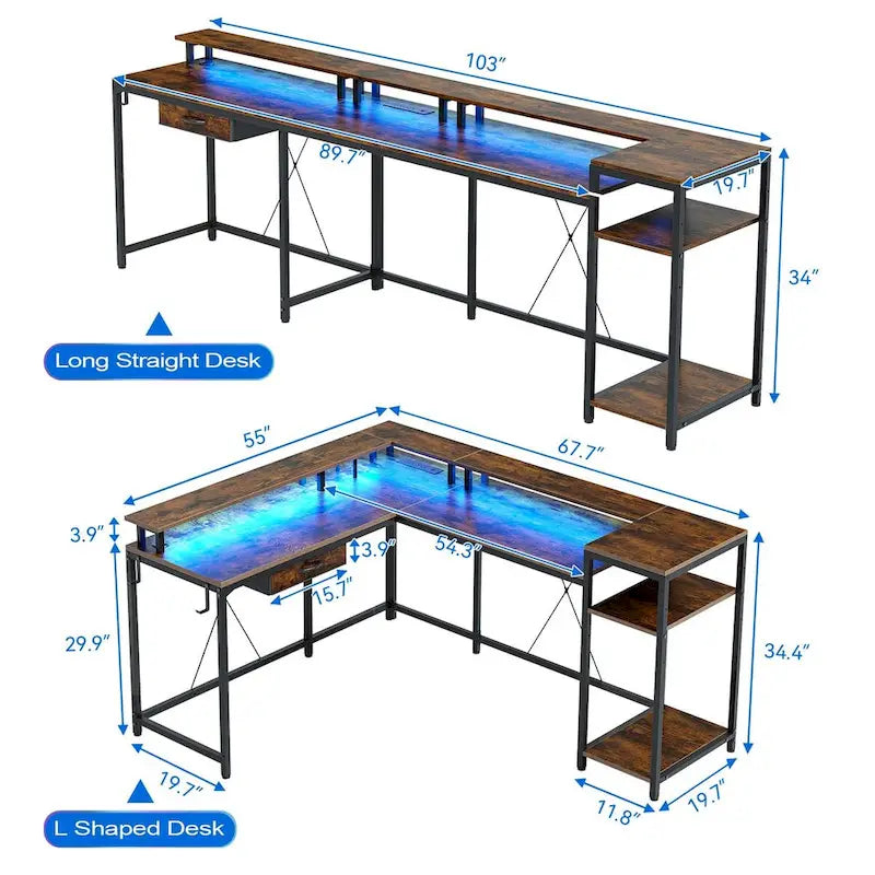 Bureau gaming d'angle avec lumières LED, prises électriques et support de moniteur, montage par 1 personne, blanc / marron / gris / noir