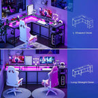 Bureau gaming d'angle avec lumières LED, prises électriques et support de moniteur, montage par 1 personne, blanc / marron / gris / noir