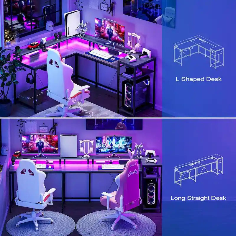 Bureau gaming d'angle avec lumières LED, prises électriques et support de moniteur, montage par 1 personne, blanc / marron / gris / noir