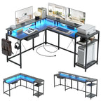 Bureau gaming d'angle avec lumières LED, prises électriques et support de moniteur, montage par 1 personne, blanc / marron / gris / noir