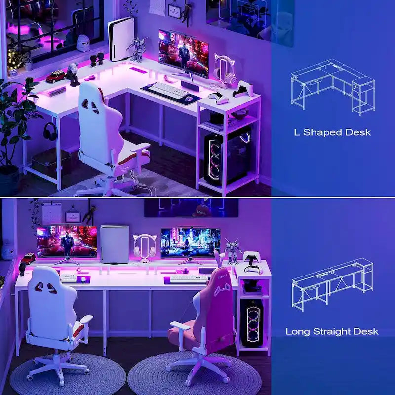 Bureau gaming d'angle avec lumières LED, prises électriques et support de moniteur, montage par 1 personne, blanc / marron / gris / noir