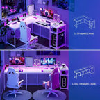 Bureau gaming d'angle avec lumières LED, prises électriques et support de moniteur, montage par 1 personne, blanc / marron / gris / noir