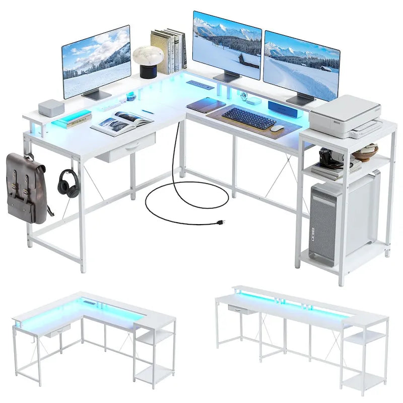 Bureau gaming d'angle avec lumières LED, prises électriques et support de moniteur, montage par 1 personne, blanc / marron / gris / noir