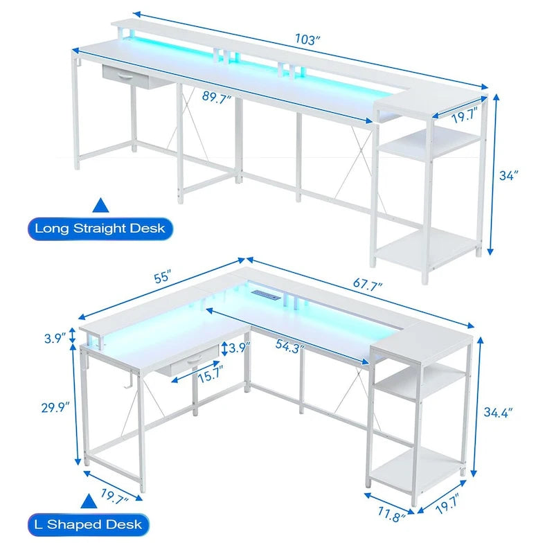 Bureau gaming d'angle avec lumières LED, prises électriques et support de moniteur, montage par 1 personne, blanc / marron / gris / noir