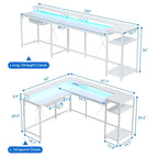 Bureau gaming d'angle avec lumières LED, prises électriques et support de moniteur, montage par 1 personne, blanc / marron / gris / noir