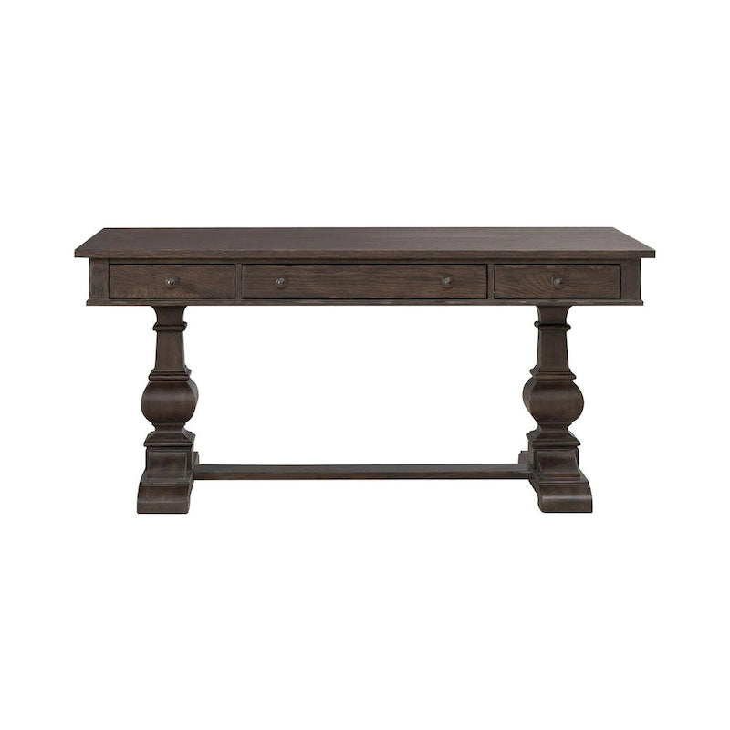 Bureau d'écriture Saddle Brown en hévéa avec 3 tiroirs, tablette coulissante pour clavier et gestion des câbles, assemblage par 1 personne