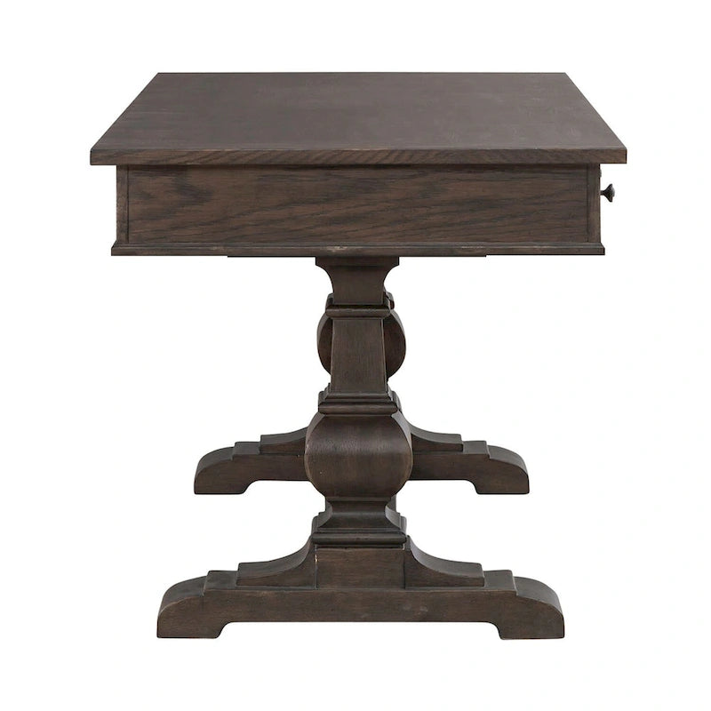 Bureau d'écriture Saddle Brown en hévéa avec 3 tiroirs, tablette coulissante pour clavier et gestion des câbles, assemblage par 1 personne