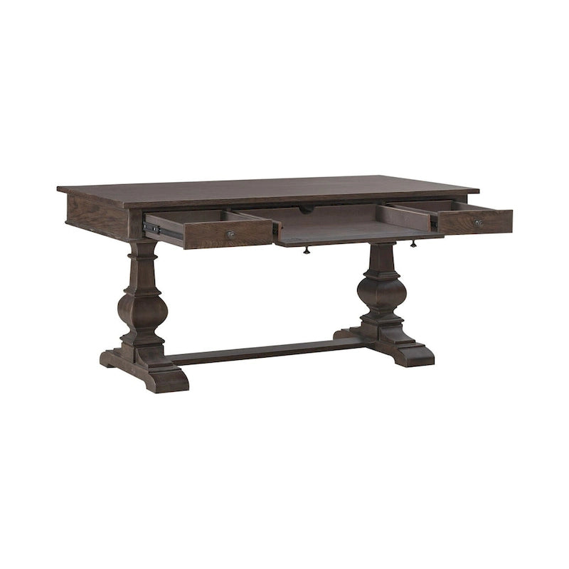 Bureau d'écriture Saddle Brown en hévéa avec 3 tiroirs, tablette coulissante pour clavier et gestion des câbles, assemblage par 1 personne