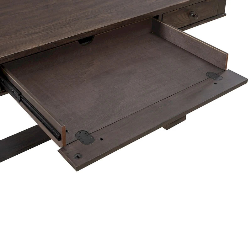 Bureau d'écriture Saddle Brown en hévéa avec 3 tiroirs, tablette coulissante pour clavier et gestion des câbles, assemblage par 1 personne